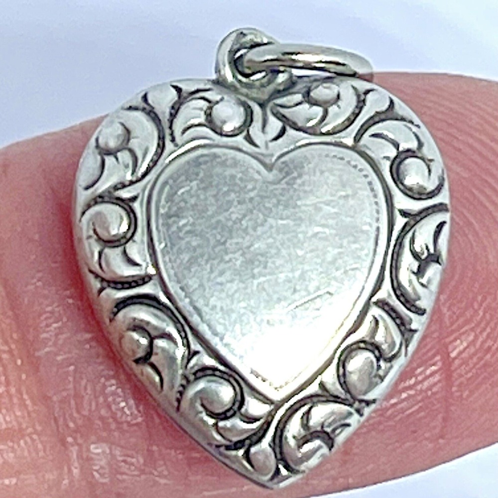 Victorian Puffy Heart Charm VTG Swirls Sterling Silver Repousse Lloyd Engraved
